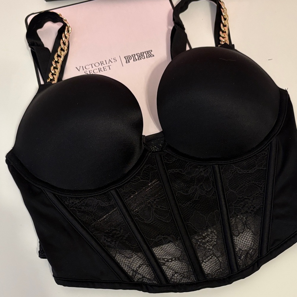 Victoria's Secret Very Sexy Push-Up corset bustier bra top gold chain
